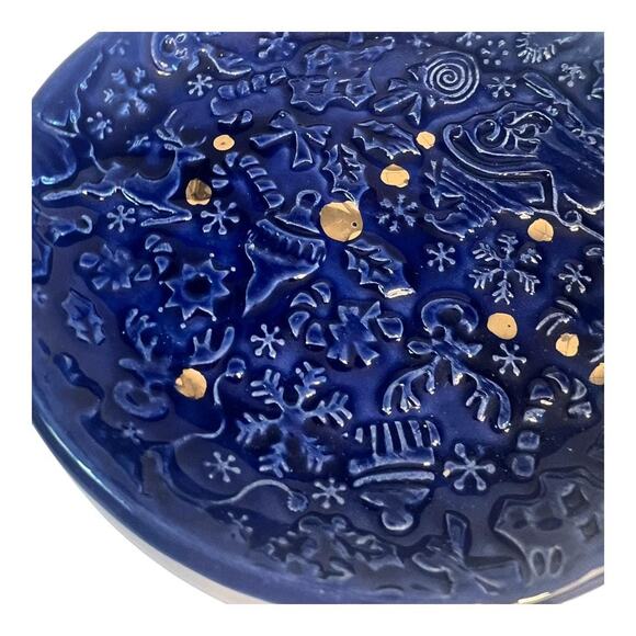 Snowflakes, Reindeer, Santa & Christmas Trees Pottery Ring Dish in Blue - Picture 2 of 7